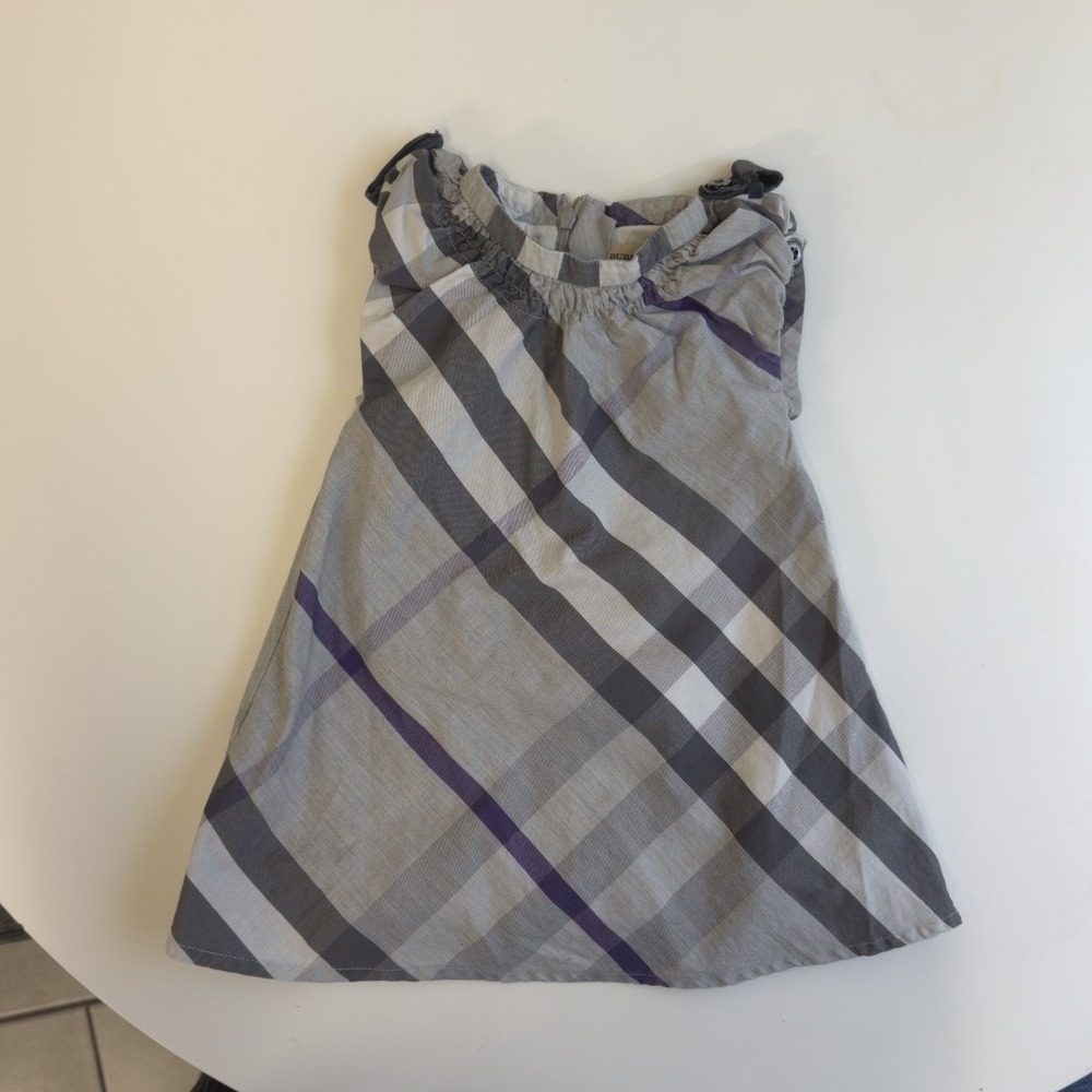Burberry Baby Girl Gray Mega Check Ruffle Neck Dress 12M 74cm